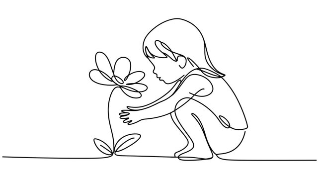 Child crouching to smell a single flower continuous line art smelling curiosity innocence childhood