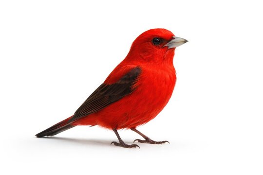 Red feathered bird calmly standing on clean white backdrop