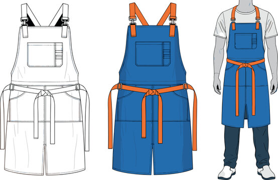 Professional Chef Apron Vector Set with Blue and Orange Design Sketch and Mannequin Views for Fashion, Uniform, and Workwear Designs