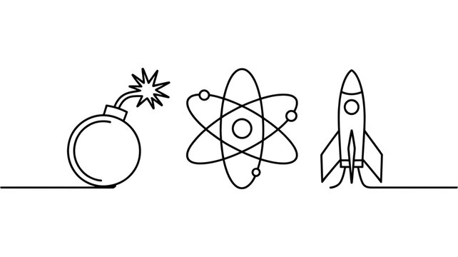 Bomb atom rocket icons continuous line art with explosion molecule transport technology research progress