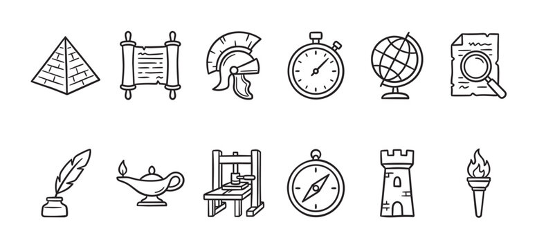 A collection of hand-drawn icons representing historical and ancient civilization elements, perfect for educational or thematic designs.