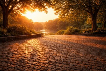 Obraz premium Clear cobblestone area bathed in soft golden sunset rays