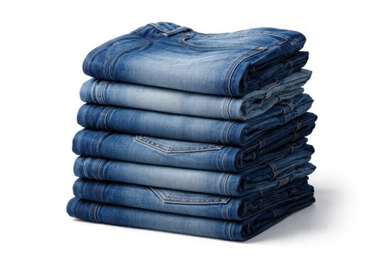 Neatly stacked pile of blue denim jeans on pure white background