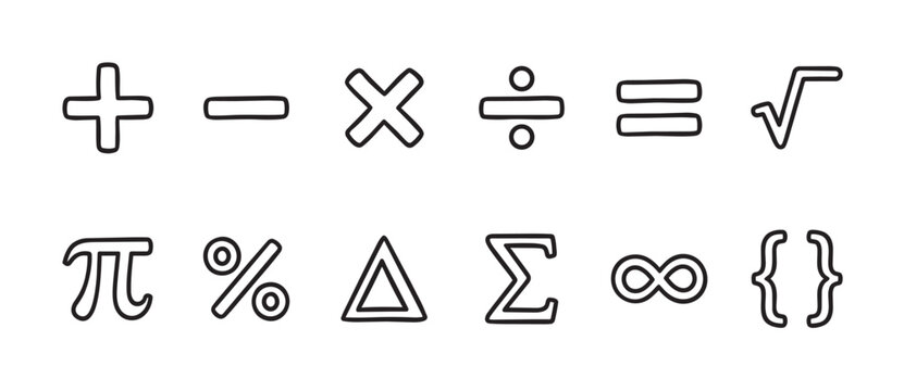 Collection of hand-drawn mathematical symbols, including arithmetic, pi, percentage, and infinity, presented in a clean, minimalist style on a white background.