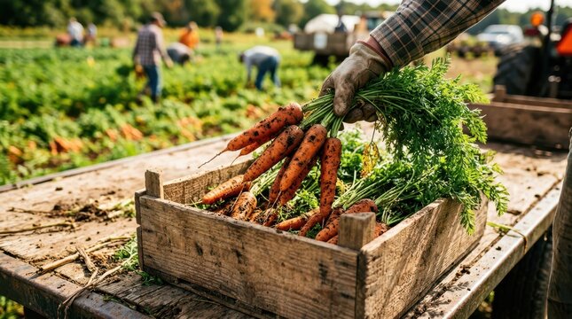 Freshly pulled carrots with greens and soil are being loaded into a container on a farm trailer at harvest time.