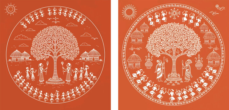 Warli art circular pattern with tree of life, traditional Indian tribal folk painting vector, terracotta background with white ethnic figures