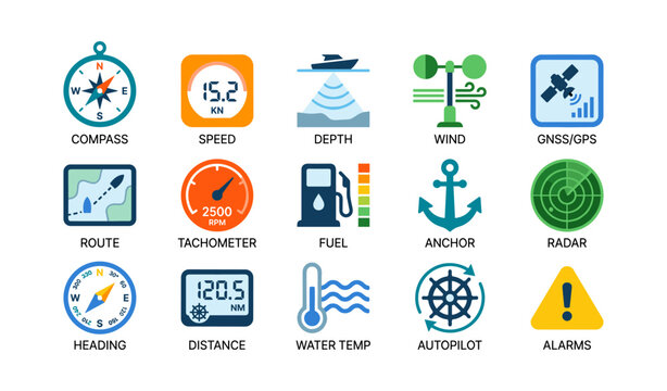 Marine navigation icons showing instruments and gauges for vessels