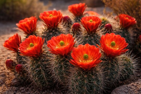 Bright orange flowers in full bloom on claret cup cactus showcasing desert flora