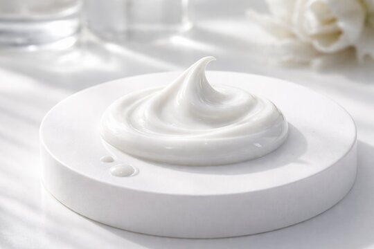 Velvety lotion sample on an immaculate white platform