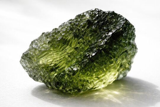 Macro shot of translucent Moldavite crystal set on white minimalist background