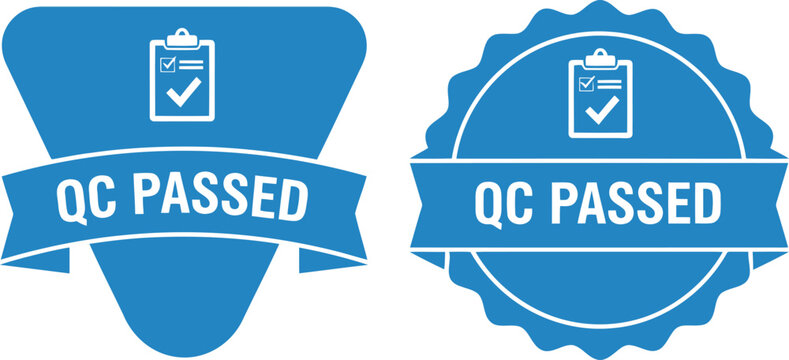Blue QC Passed Badge Icons for Quality Control Certification and Inspection Approval