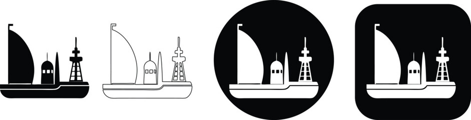 Side view of a sailing vessel with a large sail and tower structures in formats ship © SilhouetteStore