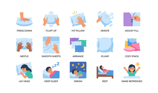 Pillow and sleep routine icons arranged on white background
