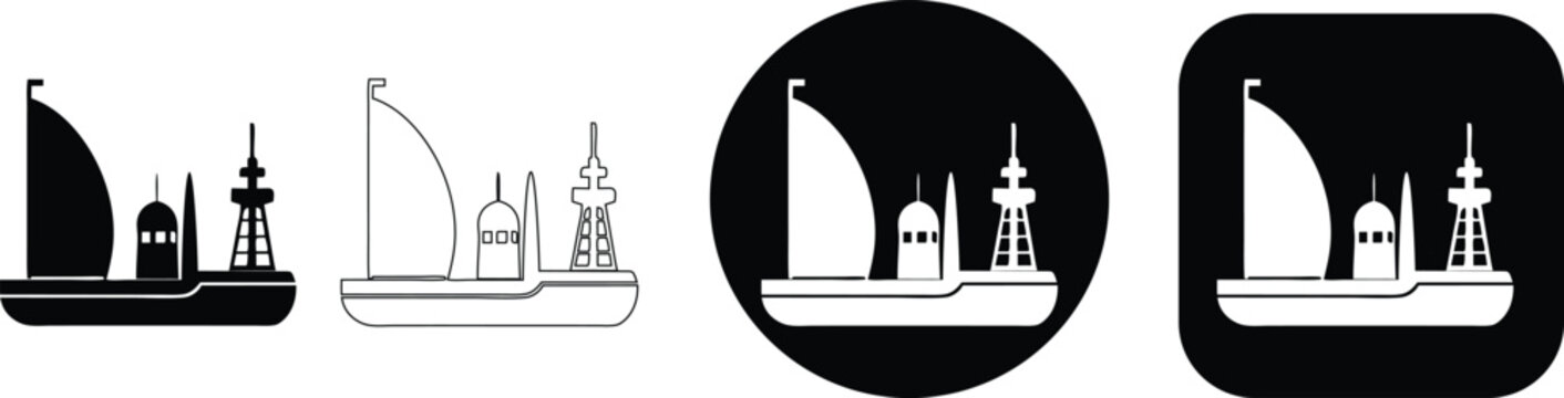 Side view of a sailing vessel with a large sail and tower structures in formats ship