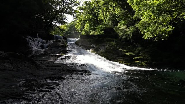 Shijusanman Waterfall, Kikuchi Gorge Japan | Top 100 Waterfalls, Fresh Green Forest and Clear Stream Reflection Aerial Drone Background