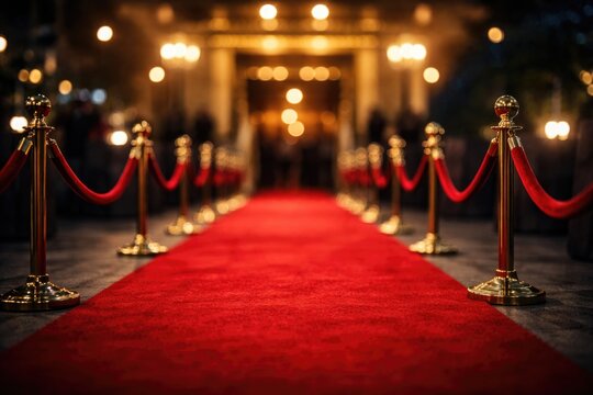 Out of focus red carpet and entrance barrier awaiting guests