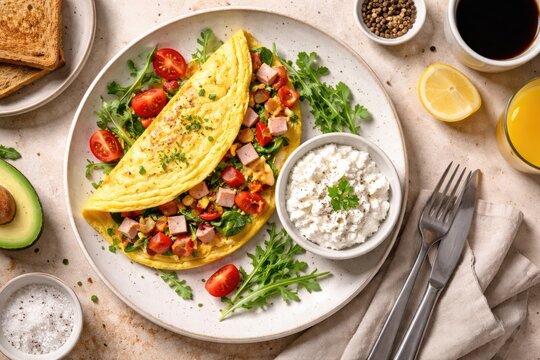 Fresh vegetable and ham stuffed omelet served with creamy cottage cheese on a flat lay breakfast setting with copy space