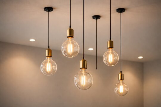 Arrangement of five suspended bulbs against a flat ceiling backdrop