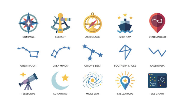 Navigation and astronomy icons featuring constellations and tools