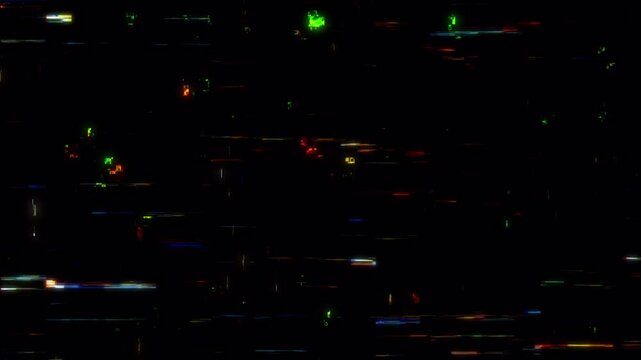 Futuristic glitch effect with neon digital streak for technology. Abstract data stream texture with colorful glowing glitch lines and particles. Neon glitch animation backdrop with electronic scan. 4K