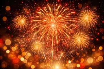 Fototapeta premium Vivid golden fireworks explode with red sparks on a radiant bokeh backdrop