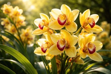 Obraz premium Outdoor bloom of cymbidium orchids showing yellow petals with red highlights in sunlight