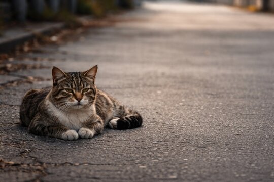 Stray cat resting on deserted pavement with generous copy space for text