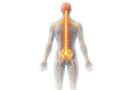 Human nervous system anatomy illustration showing brain spinal cord peripheral nerves full body neural network medical detailed isolated on white background