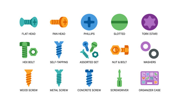 Various screw and fastener types arranged on white background