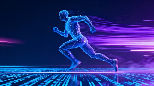 Digital Running Athlete with Futuristic Tech Background