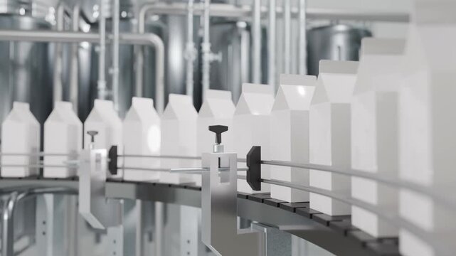 Automated milk production line in dairy factory. White milk cartons moving on conveyor belt with industrial stainless steel tanks and machinery background. Concept of beverage processing and packaging