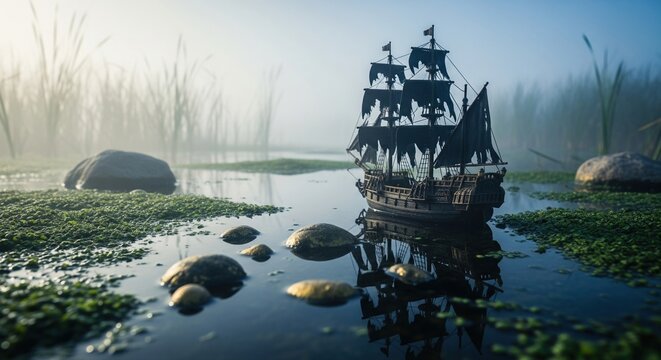 Miniature pirate ship model with torn sails floating in foggy swamp water among stones