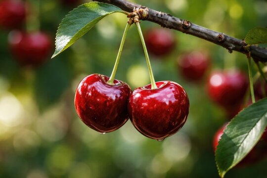 Two glossy red cherries dangling from a thin branch with a subtle soft background