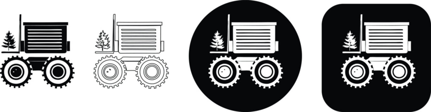 Collection of for a forestry tractor with a trailer and tree in solid black outline and circular and square