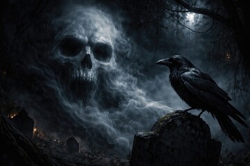 Naklejka premium sinister Halloween dark backdrop with a ghostly fog skull alongside a raven