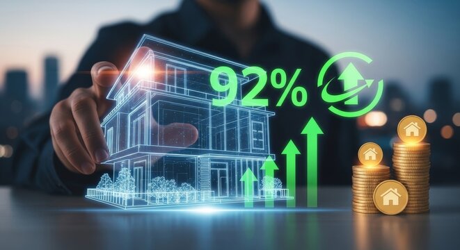 Business growth concept with 92 percent success rate and real estate investment hologram