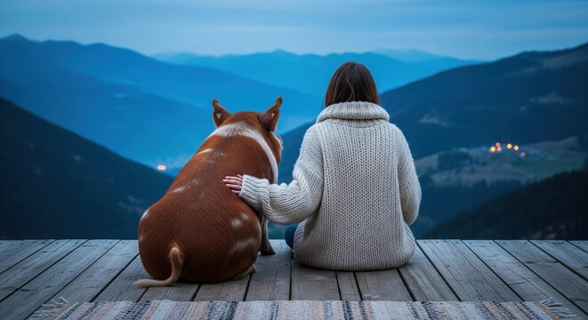 Woman in sweater sitting with large brown pig on wooden deck looking at mountains at dusk under dark blue evening sky with lights