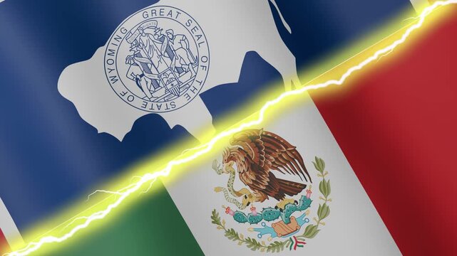 Two waving flags USA State of Wyoming and Mexico with diagonal lightning seamless, 4k loop
