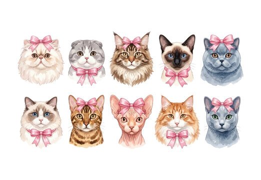Coquette Cat Breed Portrait Watercolor Clipart Set - Persian, Scottish Fold, Maine Coon, Siamese, British Shorthair, Ragdoll, Bengal, Sphynx, Norwegian Forest, Russian Blue Pink Bow Ribbon 