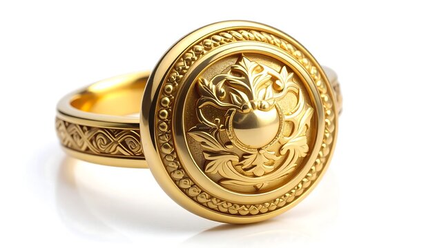 Ornate golden ring with swirling leaf design, on a shiny white surface