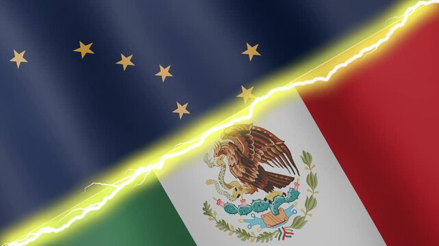 Two waving flags Alaska and Mexico with diagonal lightning seamless, 4k loop