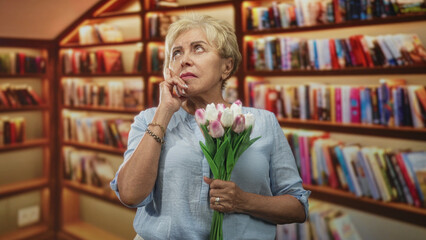 Woman senior hispanic holding pink and white tulips, sniffing the bouquet in a bookstore building amid bookshelves and stacked books  nostalgia. © Krakenimages.com