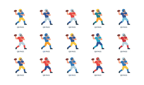 American football quarterback pass icons arranged on white background