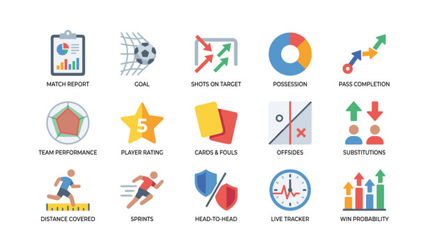 Soccer analytics icons representing match metrics on white background