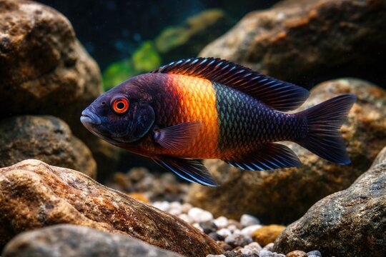 Tropheus moorii cichlid displaying colors by aquarium rocks