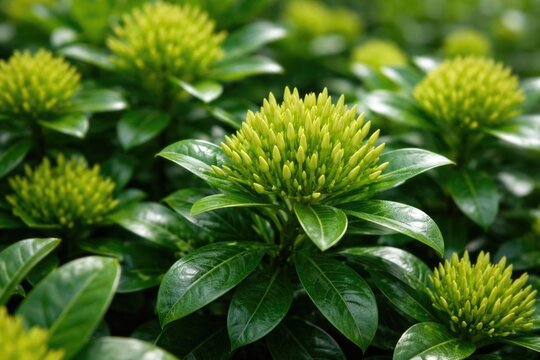 Green flower buds and dense foliage on a healthy Lxora plant