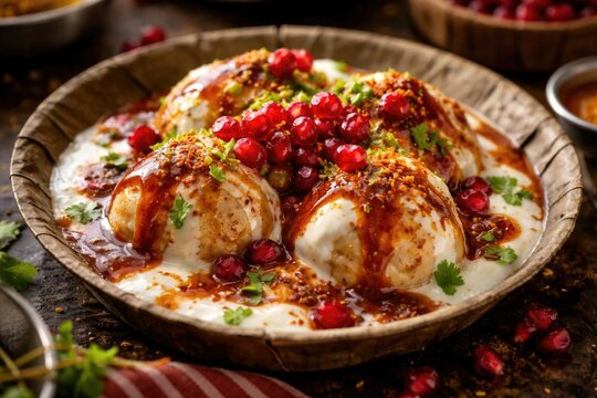 Street style dahi bhalla dish featuring creamy yogurt, tamarind sauce, and crunchy pomegranate seeds