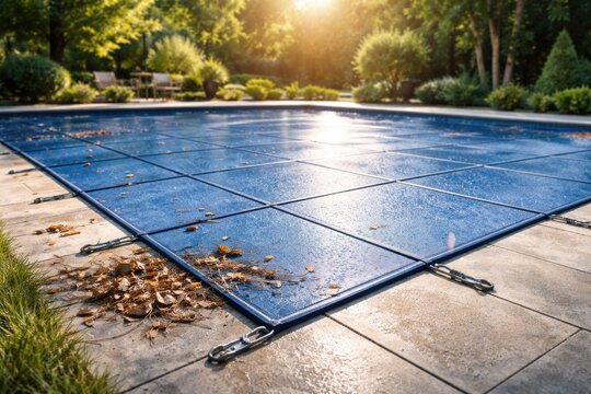 Pool safety cover including copy space for debris defense and temperature maintenance