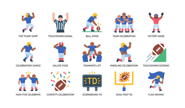 Football celebration icon set arranged on white background