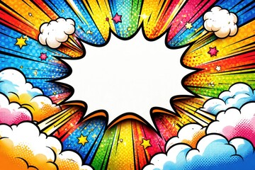 Fototapeta premium Vibrant colorful pop art backdrop with comic speech bubble and blank space for custom messages in dynamic clouds